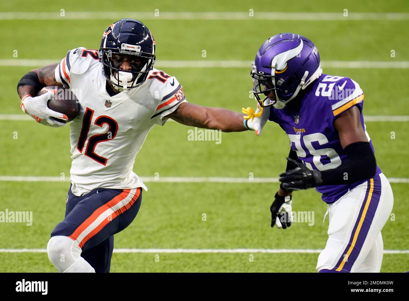 Minnesota Vikings defensive back Chris Jones (26) in action against the  Chicago Bears during the second half of an NFL football game, Monday, Nov.  16, 2020, in Chicago. (AP Photo/Kamil Krzaczynski Stock