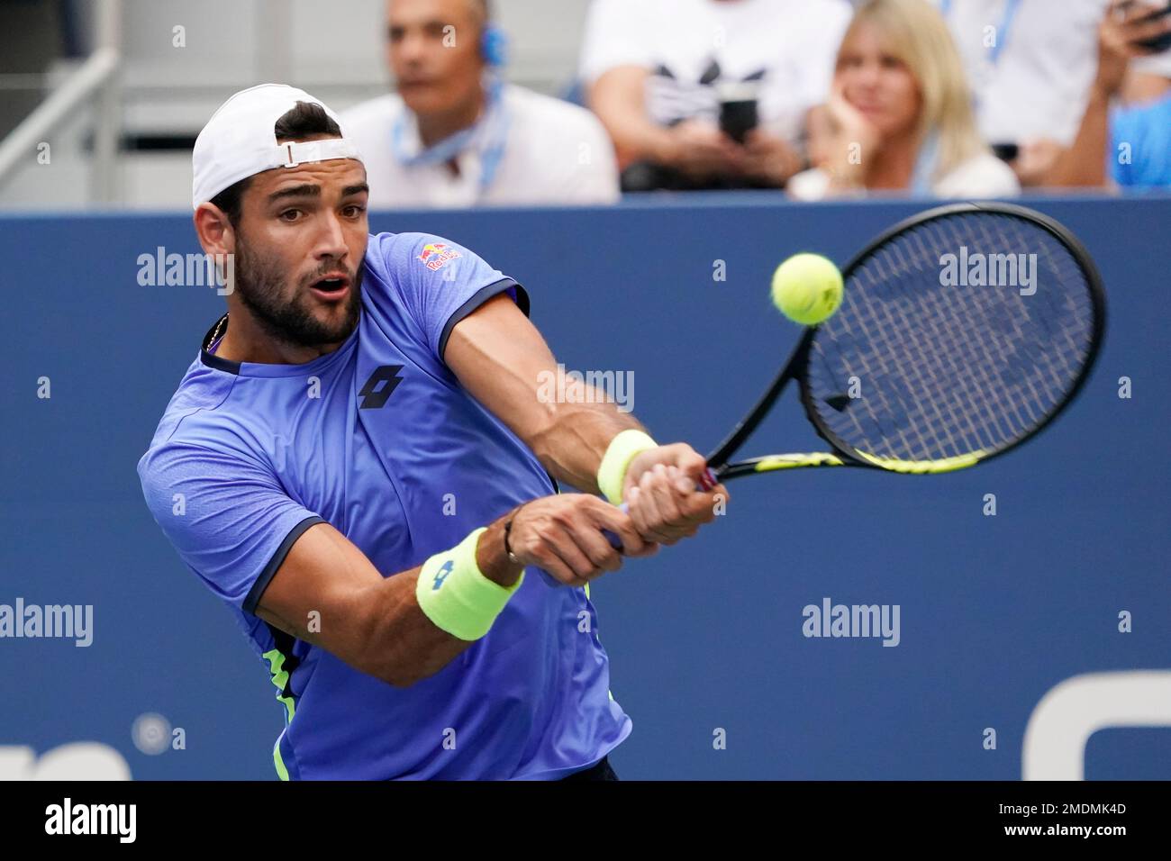 Matteo Berrettini, of Italy, returns a shot against Oscar Otte, of Germany, during the fourth round of the US Open tennis championships, Monday, Sept