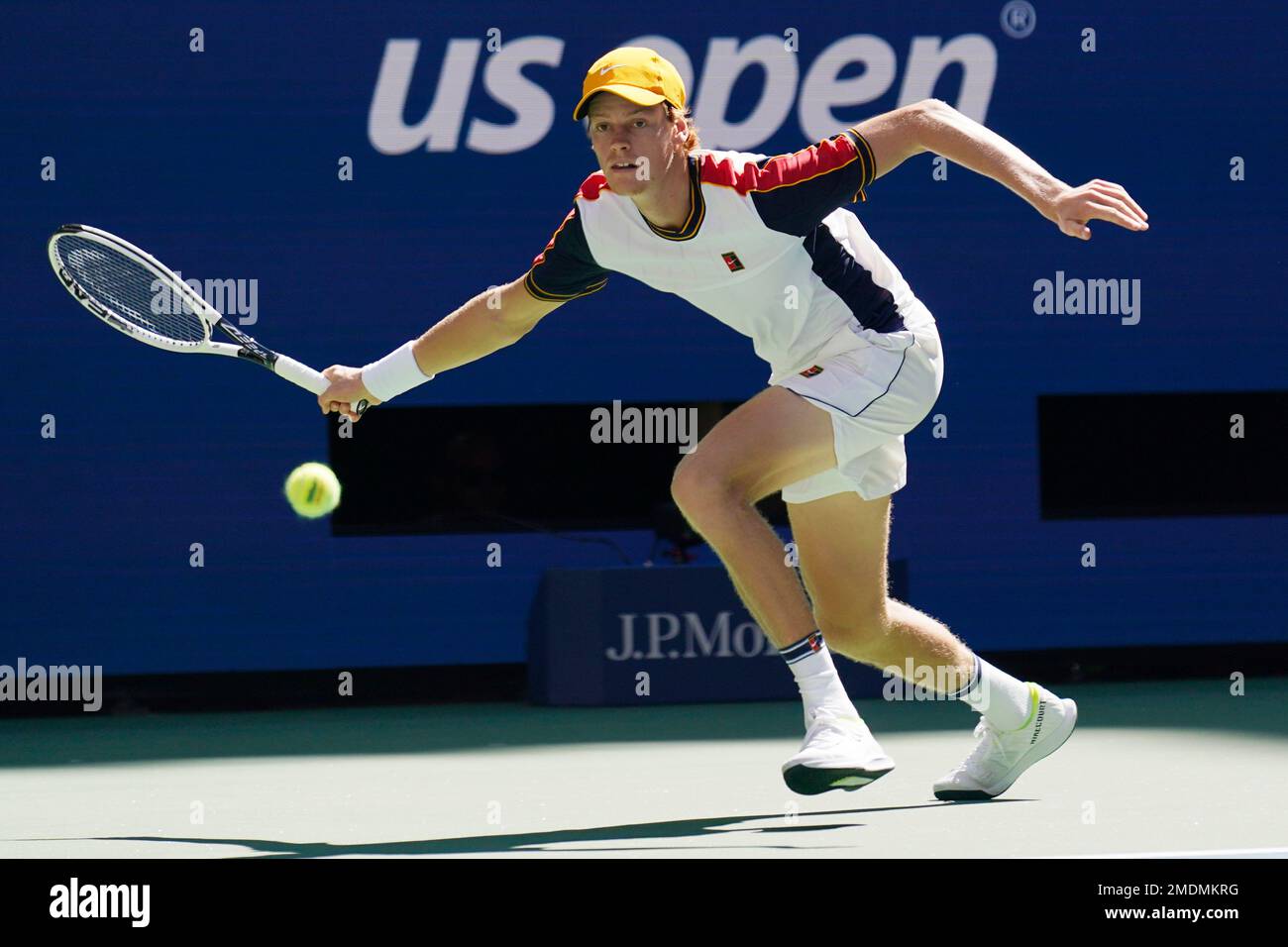 Jannik Sinner, of Italy, returns a shot against Alexander Zverev, of Germany, during the fourth round of the US Open tennis championships, Monday, Sept