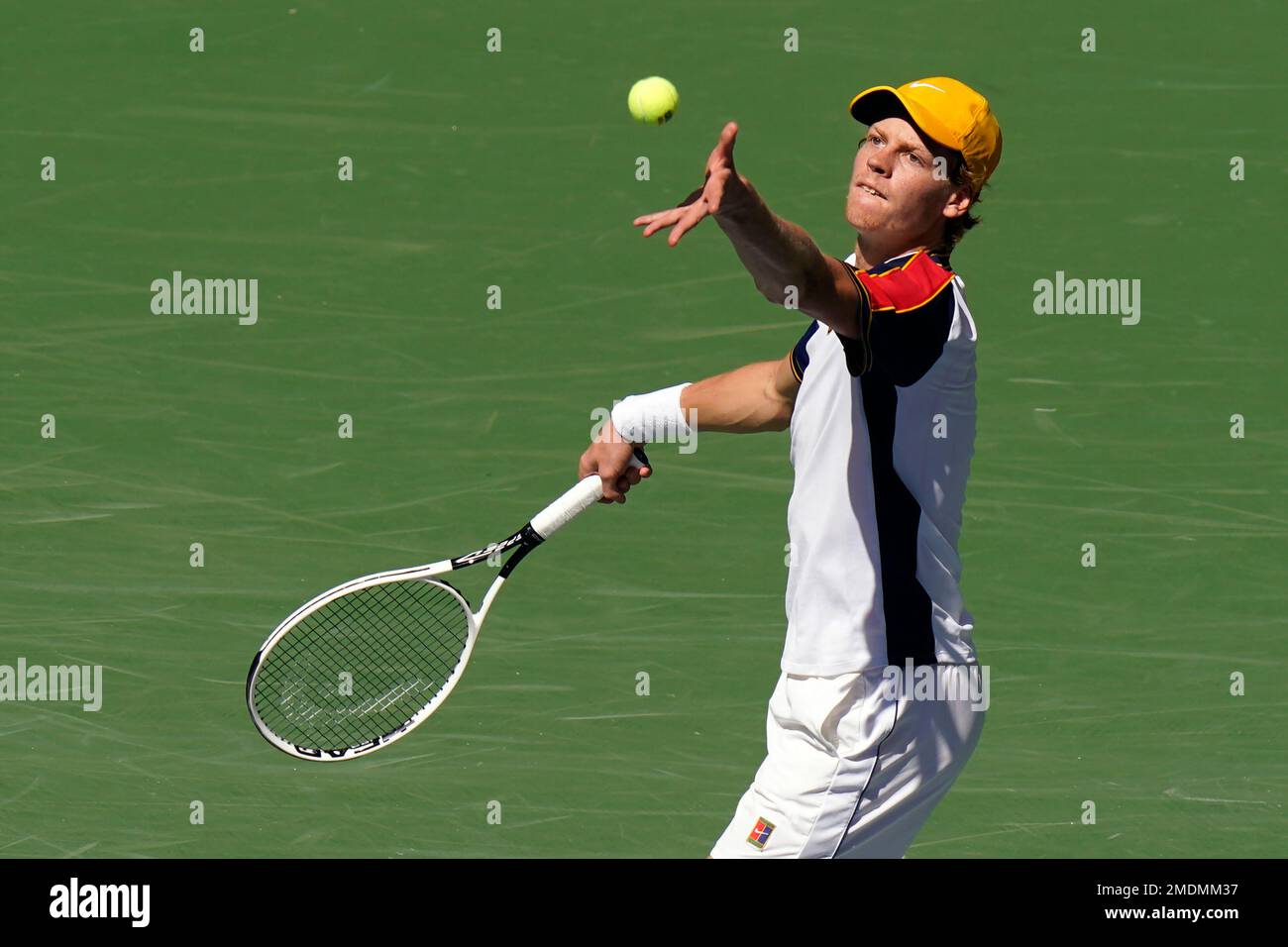 Jannik Sinner, of Italy, serves to Alexander Zverev, of Germany, during the fourth round of the US Open tennis championships, Monday, Sept
