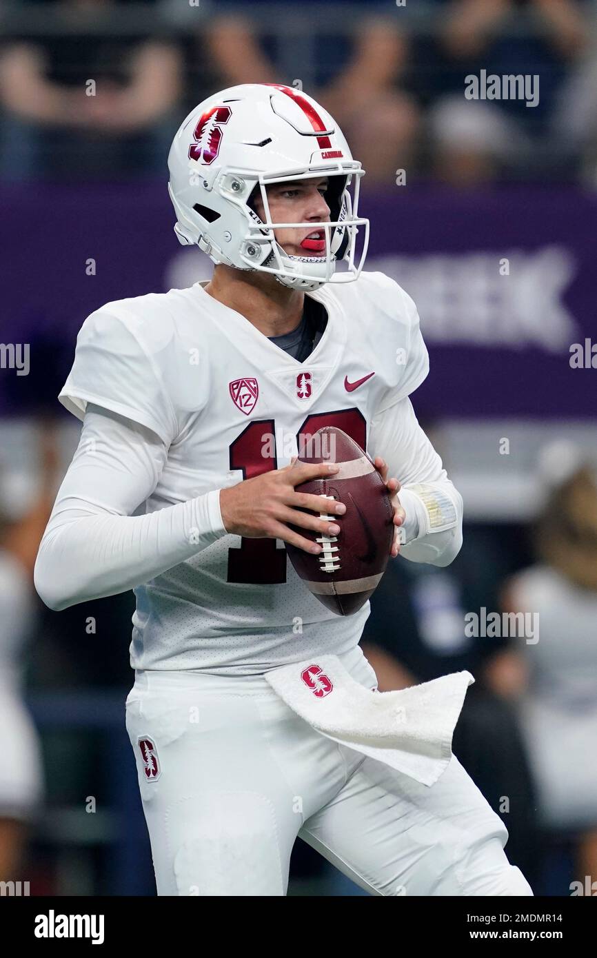 Stanford quarterback Tanner McKee drops back to pass during an NCAA