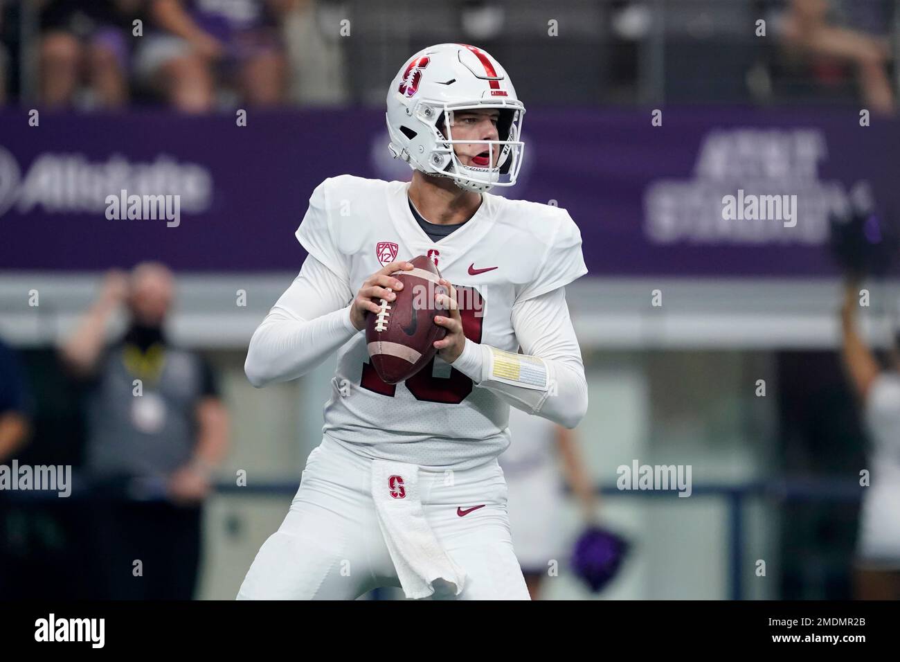 Stanford quarterback Tanner McKee drops back to pass during an NCAA