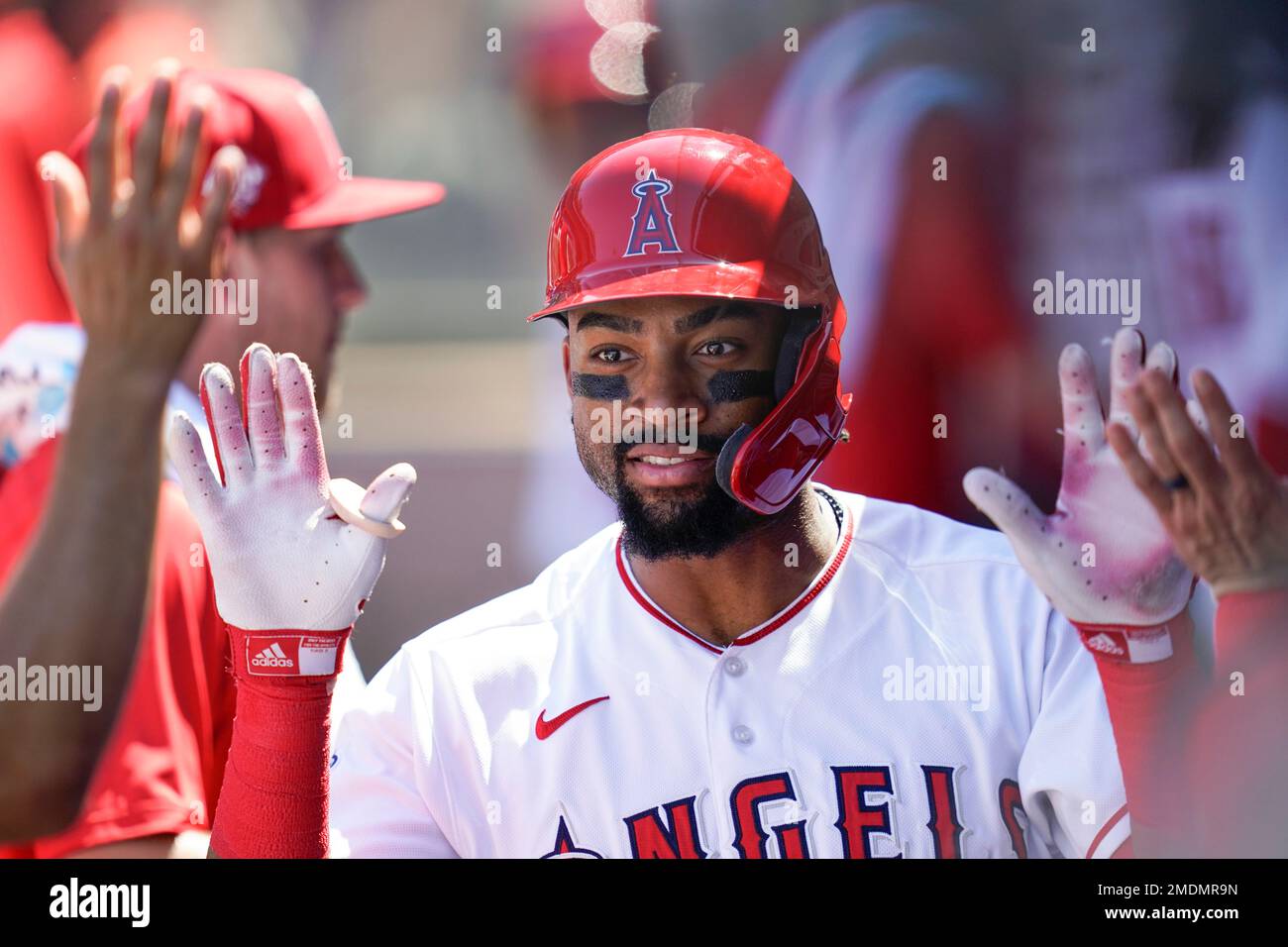 Los Angeles Angels' Jo Adell, left, celebrates in the dugout after