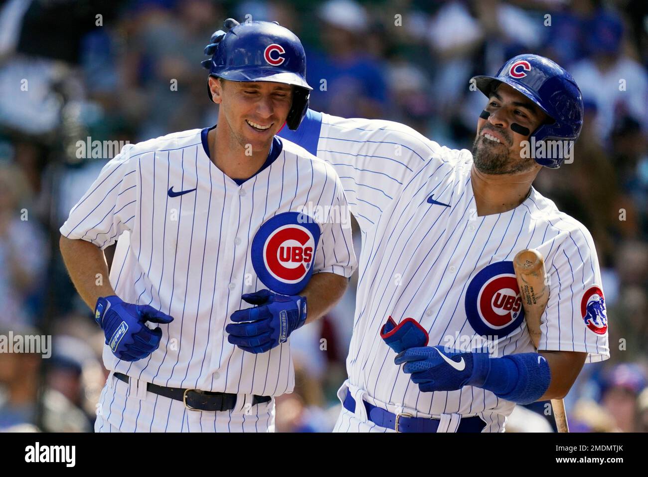 Chicago Cubs' Robinson Chirinos, right, congratulates Matt Duffy after Duffy  hit a solo home run during the second inning of a baseball game against the  Pittsburgh Pirates in Chicago, Sunday, Sept. 5