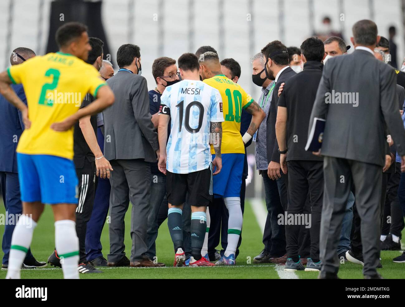 Argentina's Lionel Messi and Brazil's Neymar talk as the soccer game is