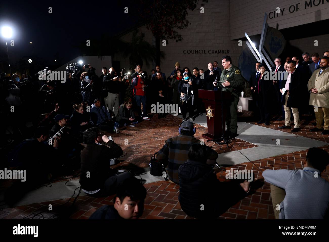 (230123) -- LOS ANGELES, Jan. 23, 2023 (Xinhua) -- Los Angeles County Sheriff Robert Luna speaks at a press conference in front of the Civic Center in Monterey Park, California, the United States, Jan. 22, 2023. The suspect of the California mass shooting on Saturday night was found dead in another city of what authorities believe was a self-inflicted gunshot wound.   Five women and five men were killed while another 10 people were injured in a mass shooting in the city of Monterey Park, 16 km east of Los Angeles downtown, the authorities said Sunday. TO GO WITH 'Suspect of California mass sho Stock Photo