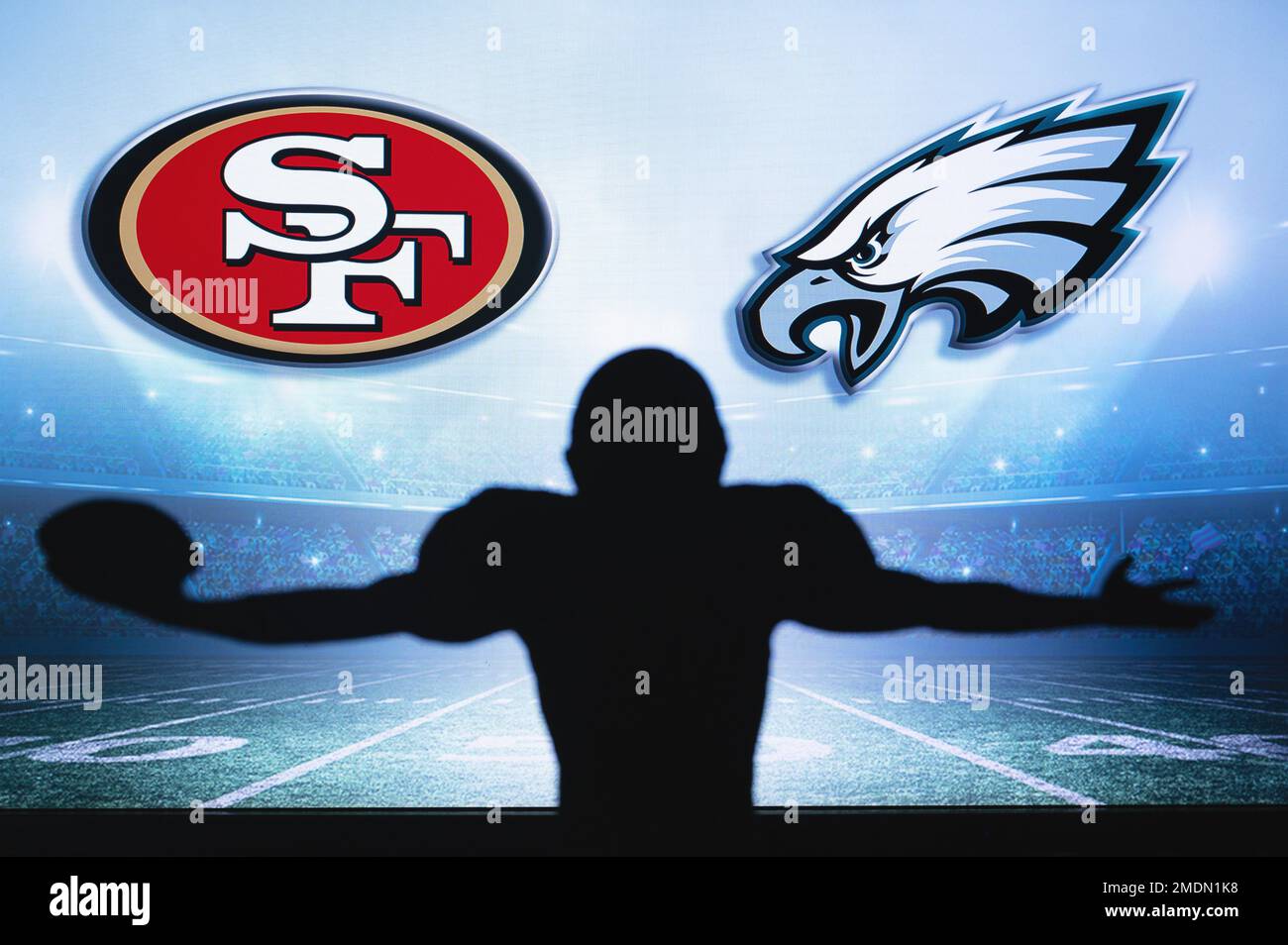 PHILADELPHIA, USA, JANUARY 18, 2023: San Francisco 49ers vs. Philadelphia Eagles. NFL Conference Championship Poster for Final of NFC 2023 Stock Photo