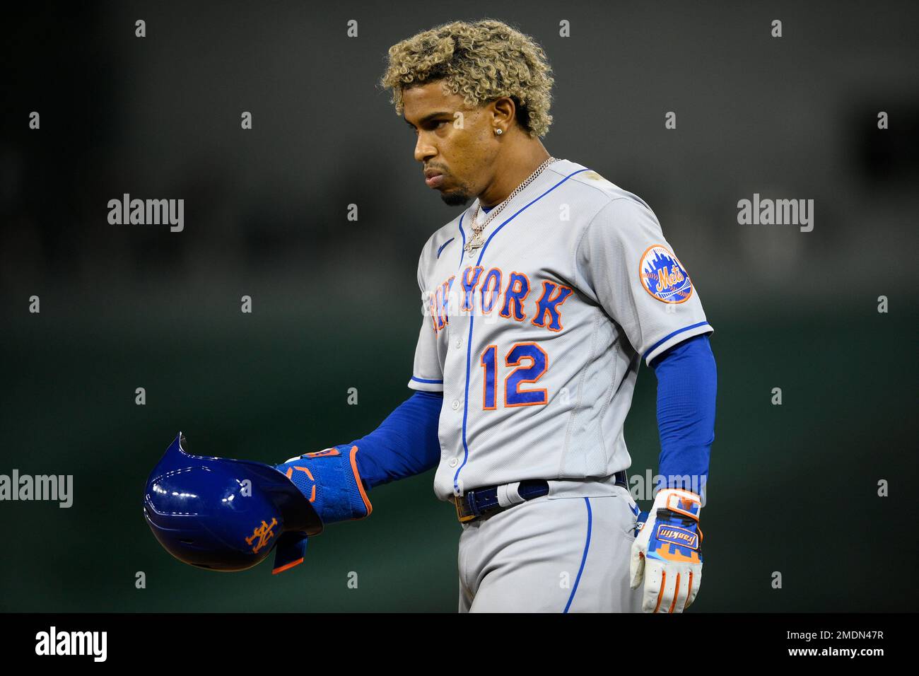 New York Mets' Francisco Lindor looks on during a baseball game against the Washington  Nationals, Monday, Sept. 6, 2021, in Washington. (AP Photo/Nick Wass Stock  Photo - Alamy