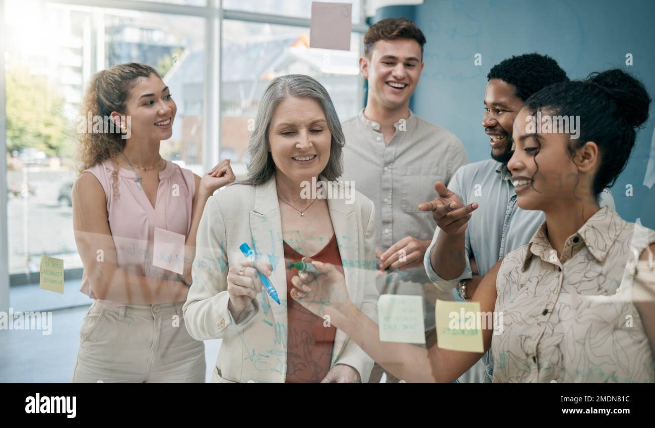 Glass, business people and team brainstorming, planning and schedule ...