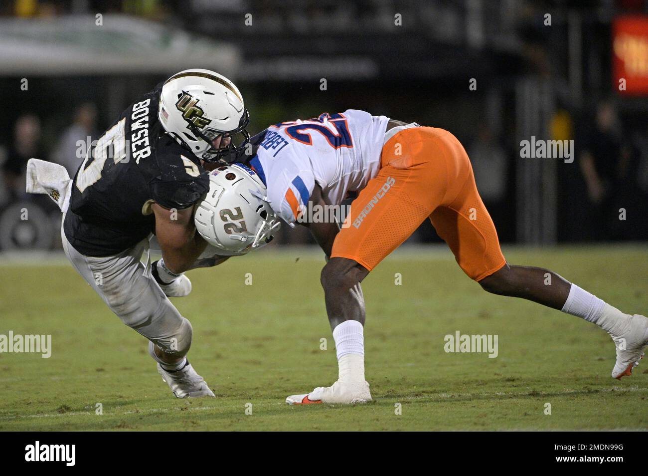 Central Florida running back Isaiah Bowser (5) is tackled by Boise State  cornerback Tyric LeBeauf (22) after catching a pass during the second half  of an NCAA college football game on Thursday,