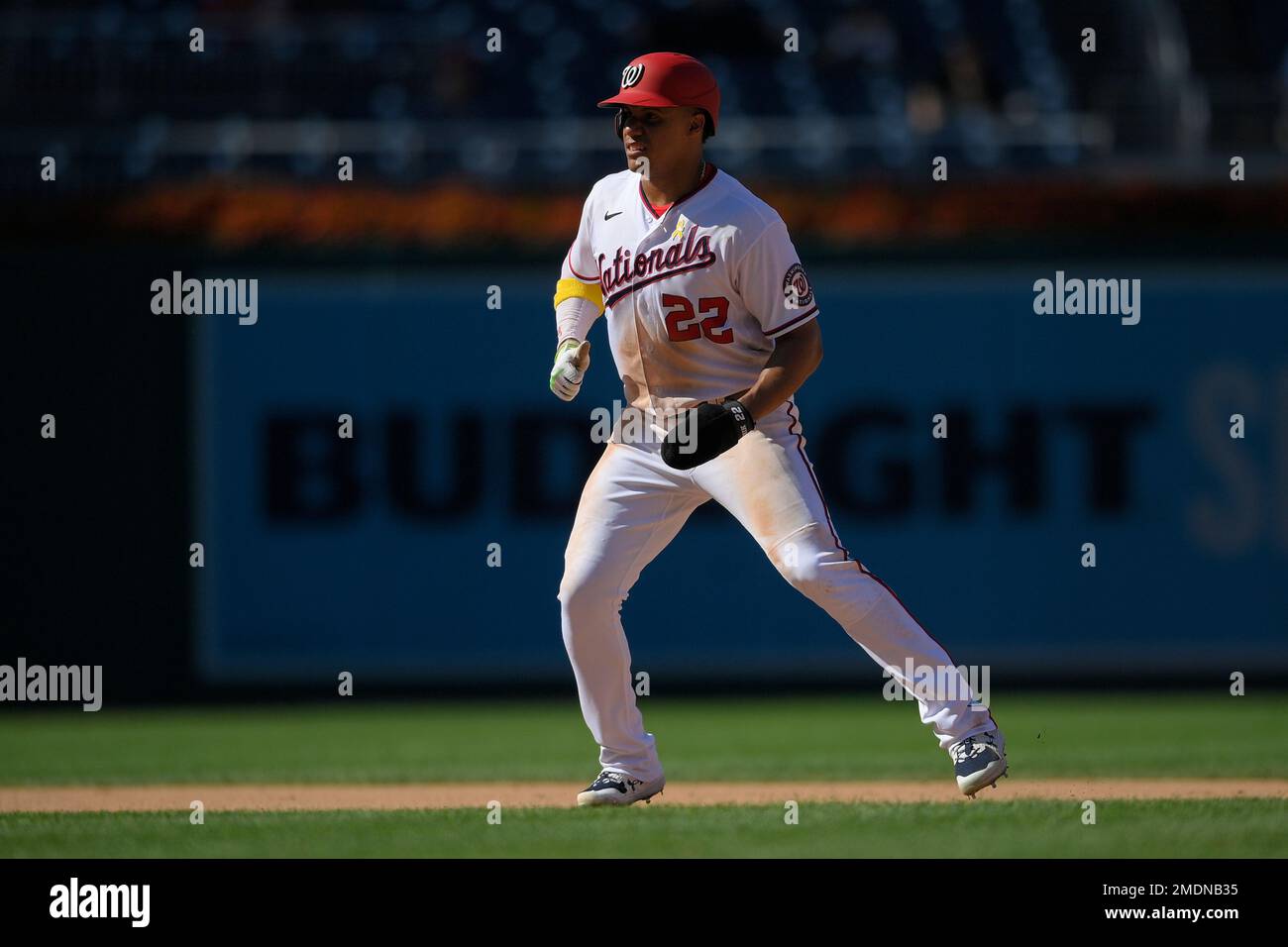 Juan Soto of the Washington Nationals takes a lead off second base in