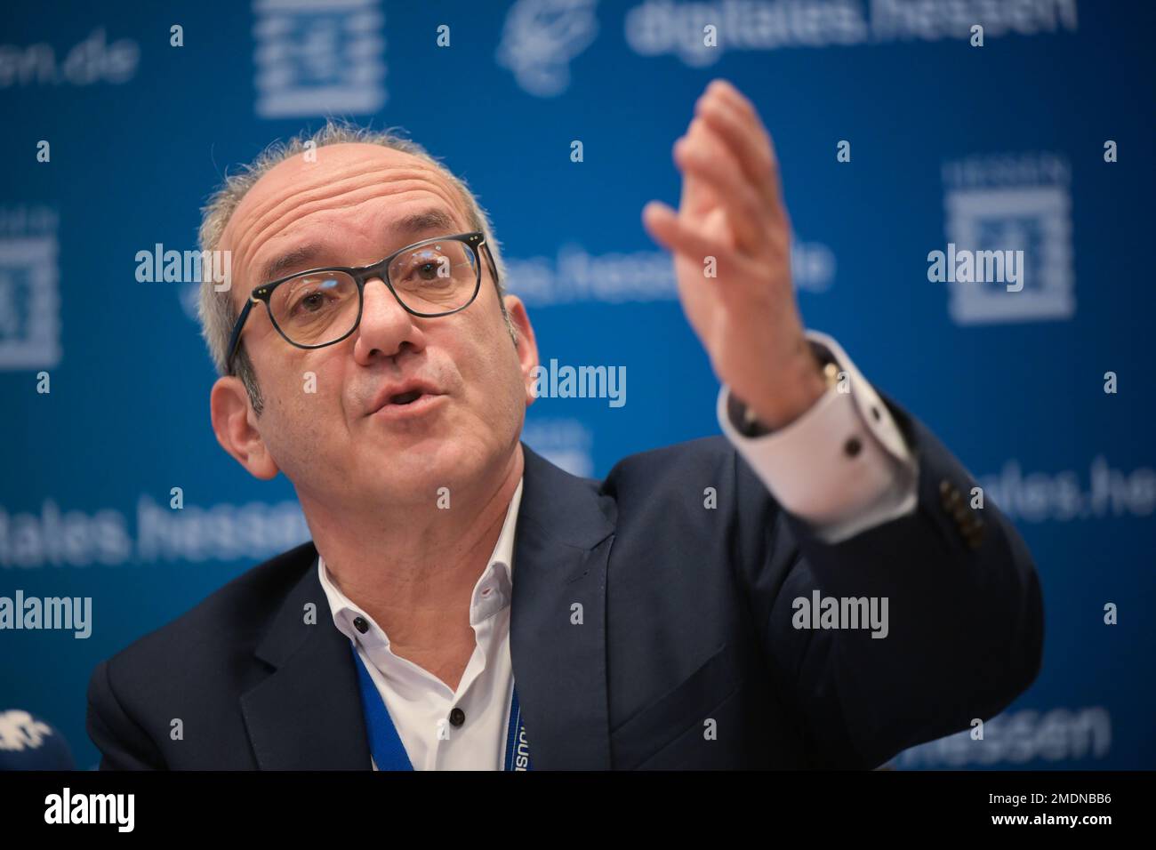 23 January 2023, Hessen, Frankfurt/Main: Béla Waldhauser, Managing Director of Telehouse Deutschland GmbH, speaks during the presentation of a study on the situation of the information and communications technology industry in Hesse. Photo: Sebastian Gollnow/dpa Stock Photo