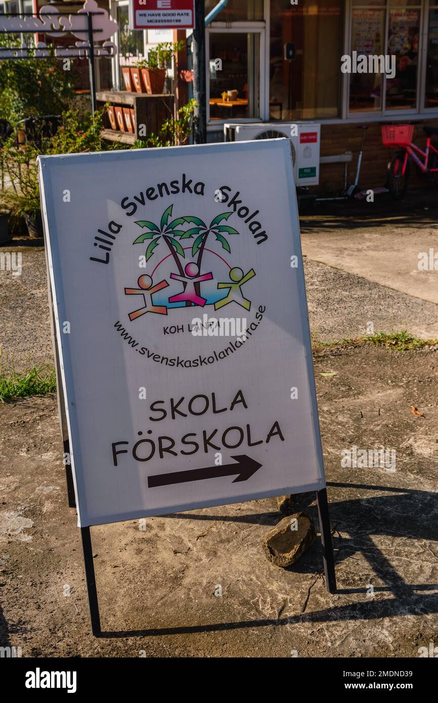 Sign of the Swedish school Lilla Svenska Skolan in Ko Lanta, Krabi, Thailand. November 30, 2022. Stock Photo