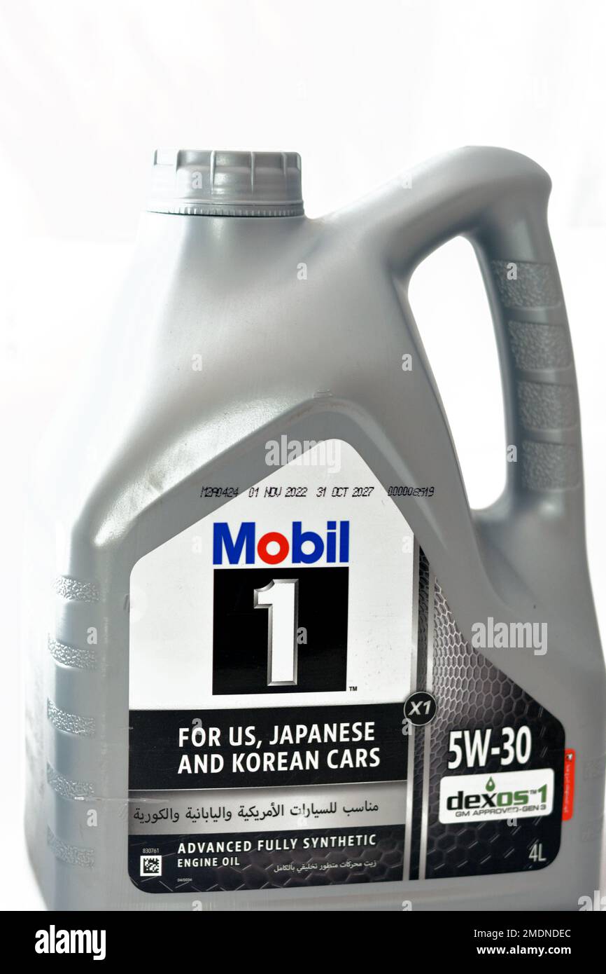 Cairo, Egypt, January 23 2023 Mobil one 1 5W30 Dexos 1 GM approved, Advanced fully synthetic
