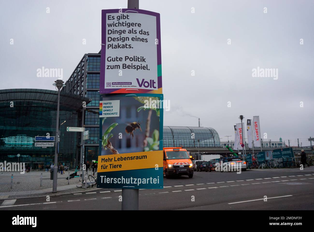Berlin, Germany. 23rd Jan, 2023. The conservative Christian Democratic Union (CDU) has a chance to win regional elections in Berlin for the first time since 1999. Pictured here on January 23, 2023 is a poster of Volt Europa and Partei Mensch Umwelt Tierschutz. Credit: Ales Zapotocky/CTK Photo/Alamy Live News Stock Photo