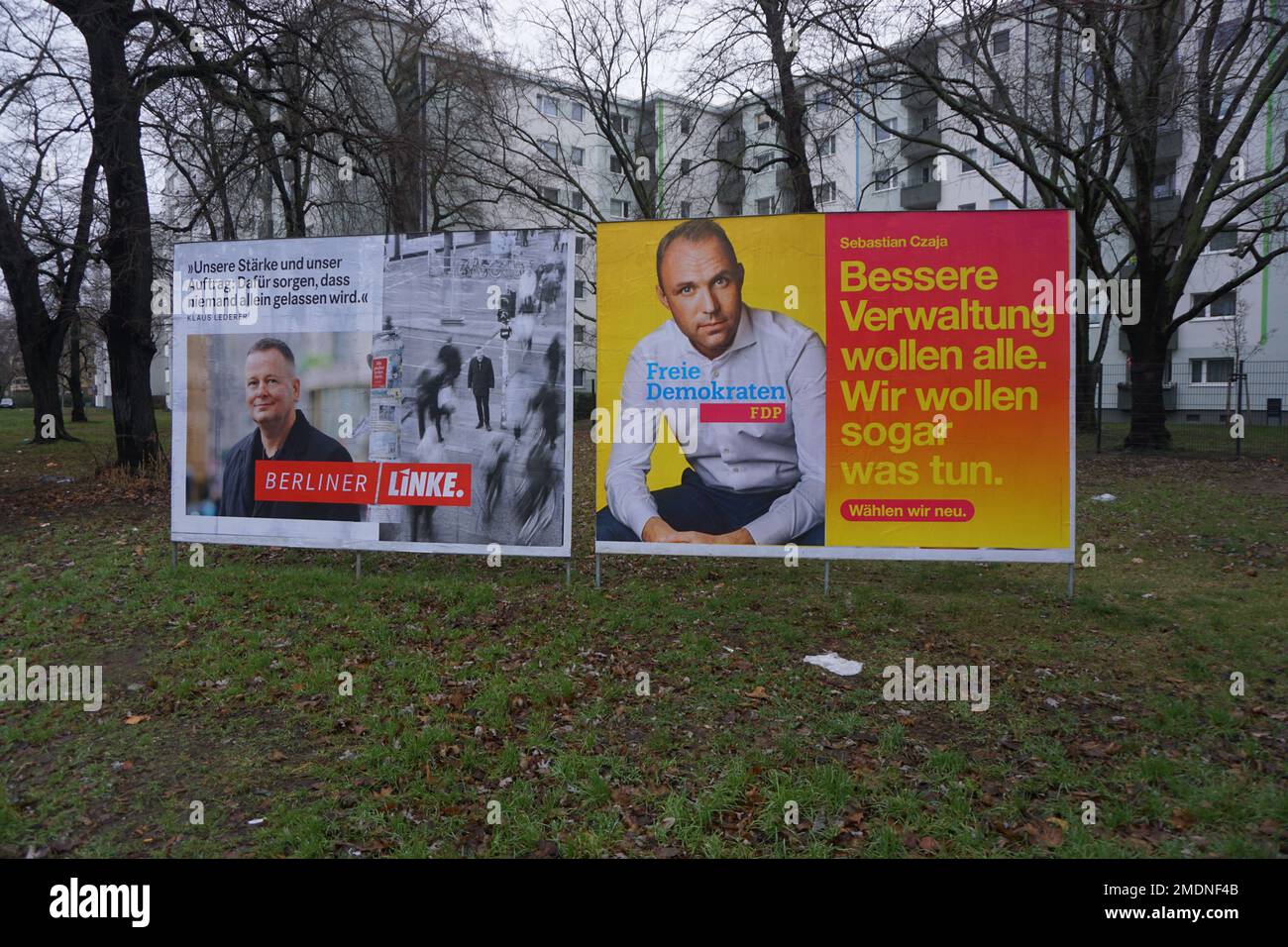 Berlin, Germany. 22nd Jan, 2023. The conservative Christian Democratic Union (CDU) has a chance to win regional elections in Berlin for the first time since 1999. Pictured here on January 23, 2023 is a poster of Die Linke, Klaus Lederer and FDP, Sebastian Czaja. Credit: Ales Zapotocky/CTK Photo/Alamy Live News Stock Photo