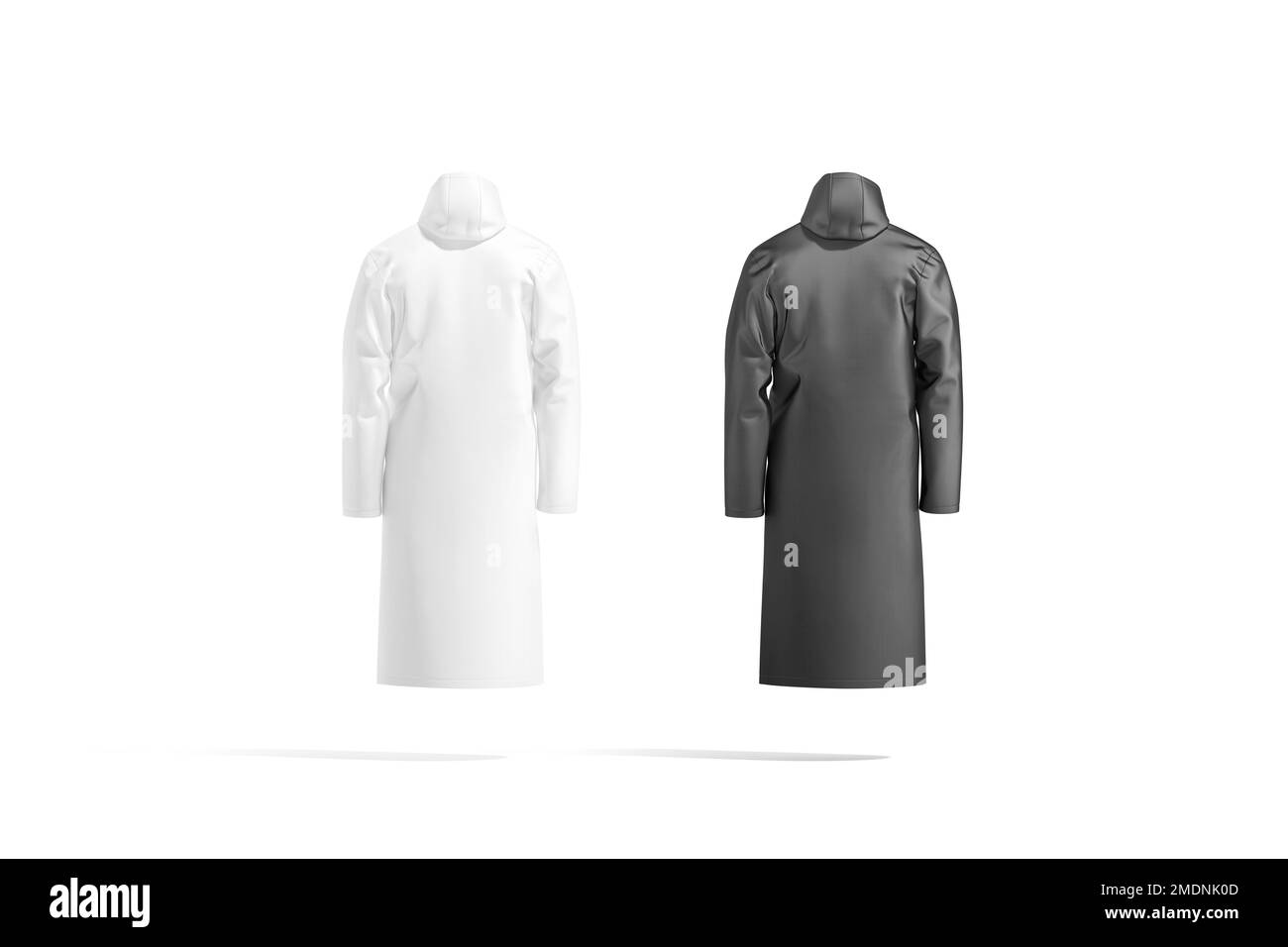 Blank black and white protective raincoat mockup, back view, 3d rendering. Empty polyester protective trench or parka mock up, isolated. Clear water-r Stock Photo