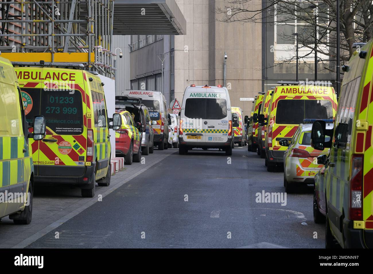 London, UK. 23rd Jan, 2023. Ambulances at the The Royal London Hospital in Whitechapel east London during the third strike by NHS Unite Ambulance workers over pay and staffing shortages Credit: MARTIN DALTON/Alamy Live News Stock Photo