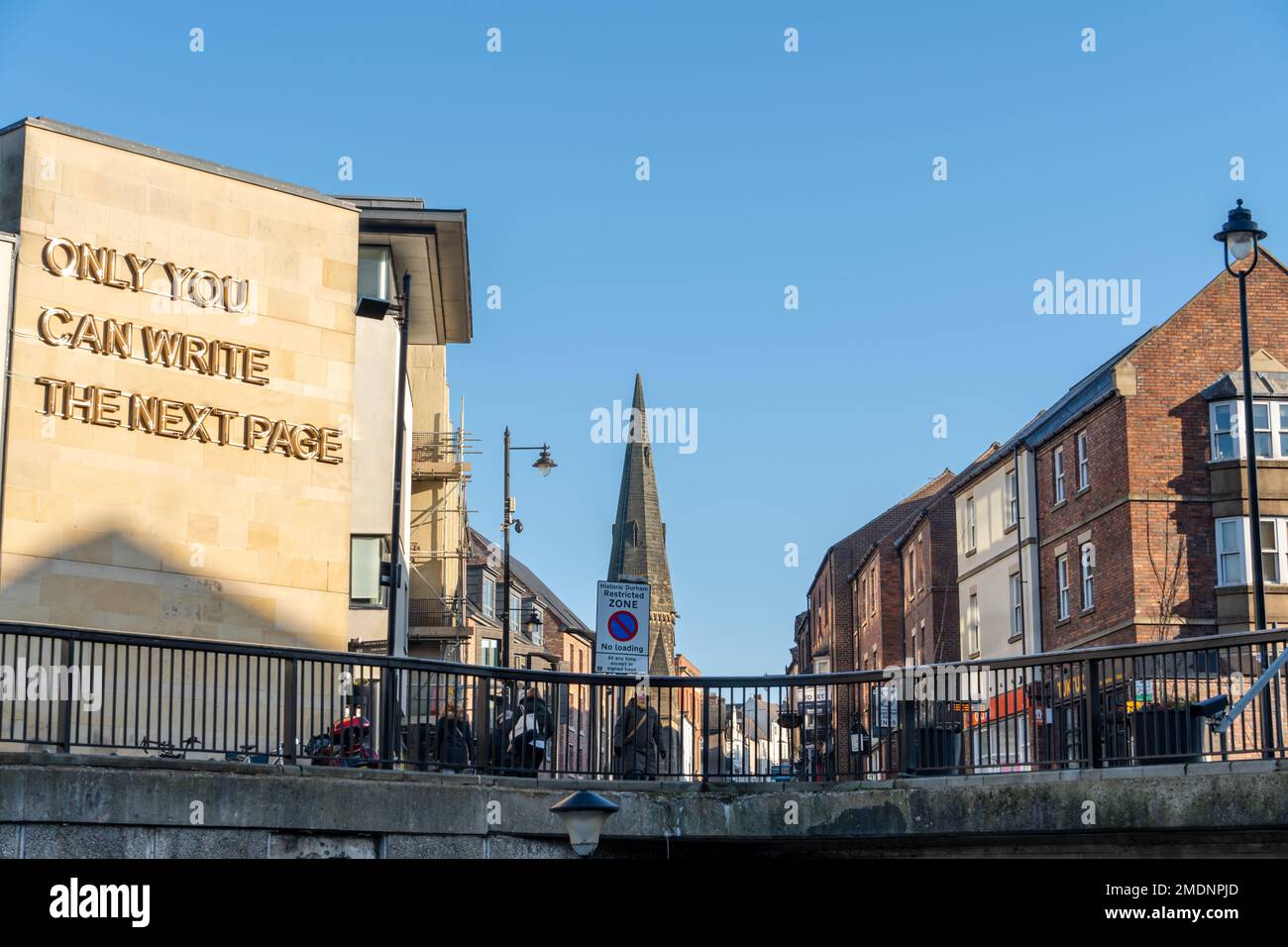 A view of the well-known sign on Clayport Library in the city of Durham, County Durham, UK, that reads, 'Only You Can Write the Next Page'. Stock Photo