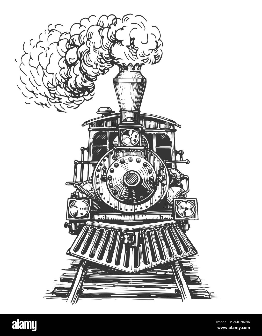 Black And White Illustration Of A Vintage Steam Locomotive Or Train  Speeding In Full Speed Coming Up The Viewer Forward On Isolated Background  In Retro Style. Royalty Free SVG, Cliparts, Vectors, and