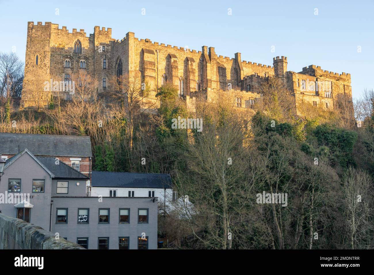 A view of Durham Castle from the city of Durham, County Durham, UK's Framwellgate Bridge. Stock Photo