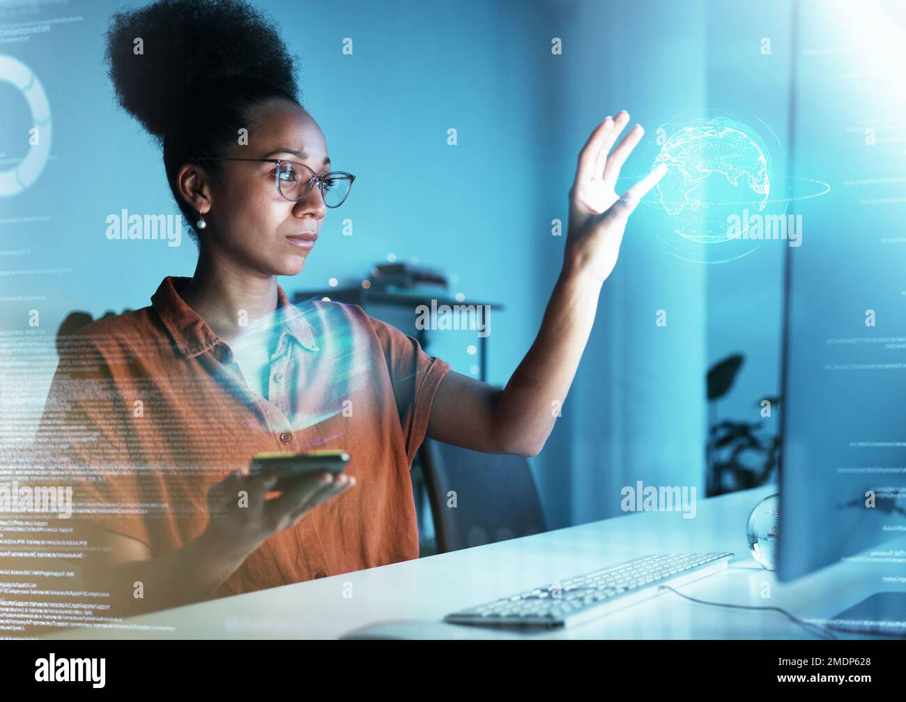 World hologram, 3d web overlay and business woman with phone in a office looking at data. Fintech, global and futuristic information technology work Stock Photo