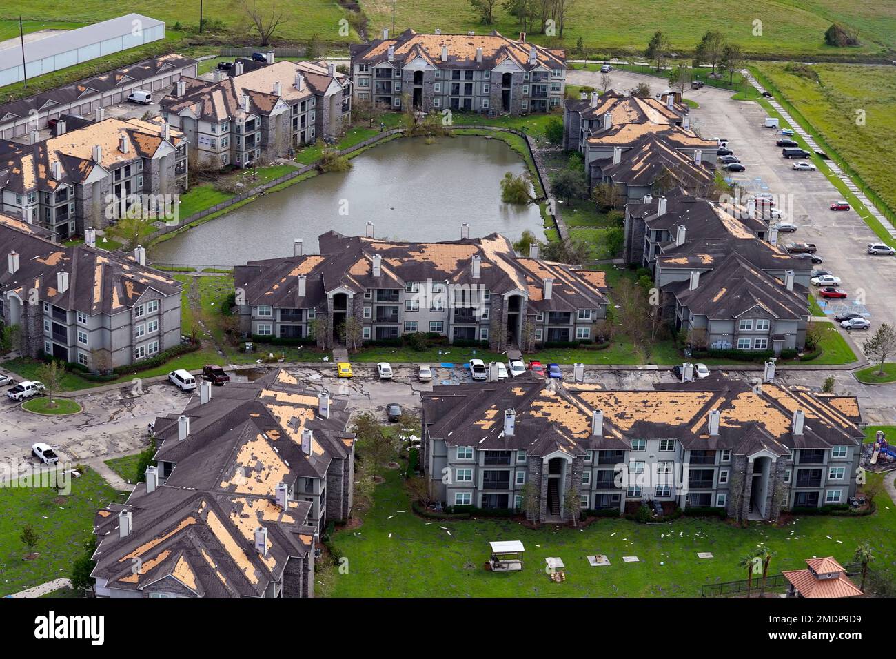 Roof damage is seen in the aftermath of Hurricane Ida, Monday, Aug. 30
