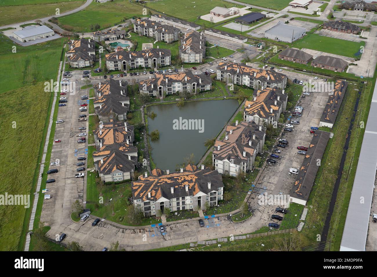 Roof damage is seen in the aftermath of Hurricane Ida, Monday, Aug. 30
