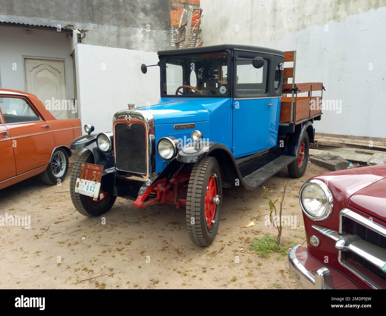 Antique vintage old blue 1929 International Harvester truck wooden flat bed. AAA 2022 classic car show. Stock Photo