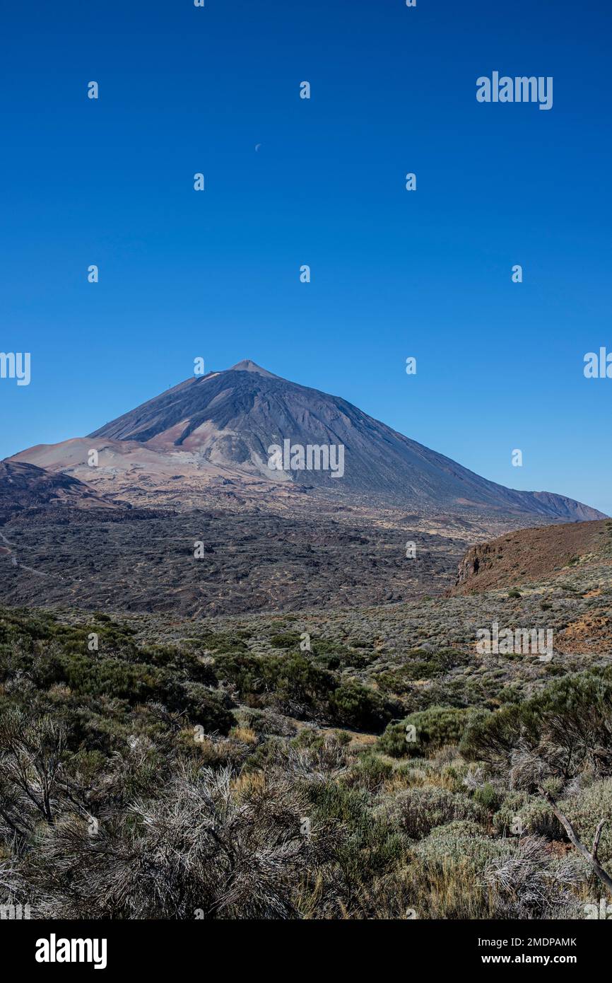 Mount Teide volcano and volcanic landscape in the Las Canadas del Teide National Park in Tenerife, Canary Islands, Spain, Stock Photo