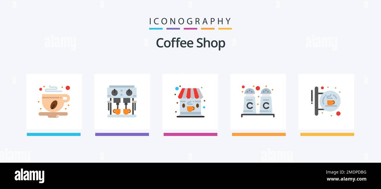 Coffee Shop Flat 5 Icon Pack Including shop. coffee. cafe. board. cinnamon coffee. Creative Icons Design Stock Vector