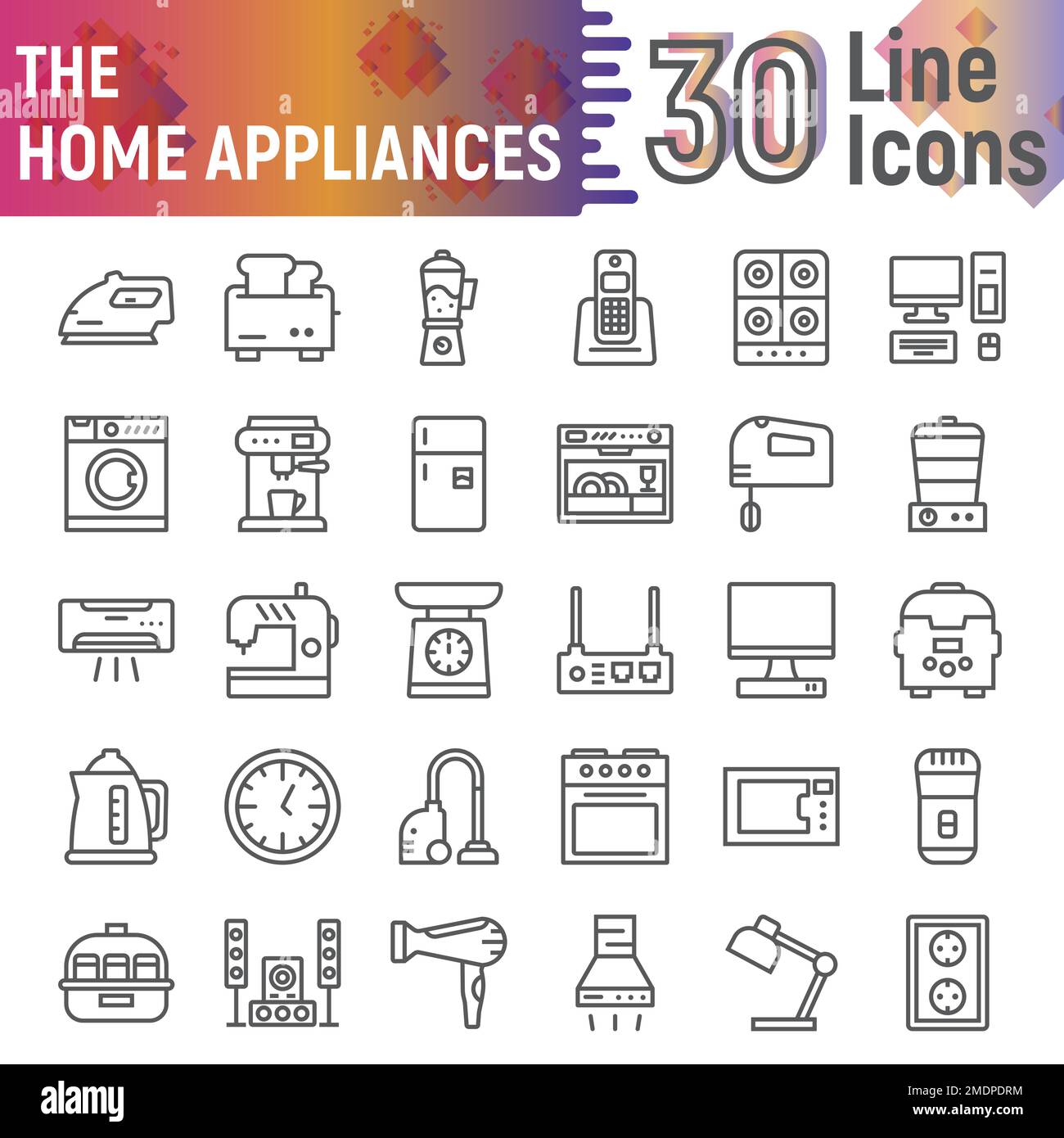 Home appliances line icon set, kitchenware symbols collection, vector sketches, logo illustrations, household signs linear pictograms package isolated on white background, eps 10. Stock Vector