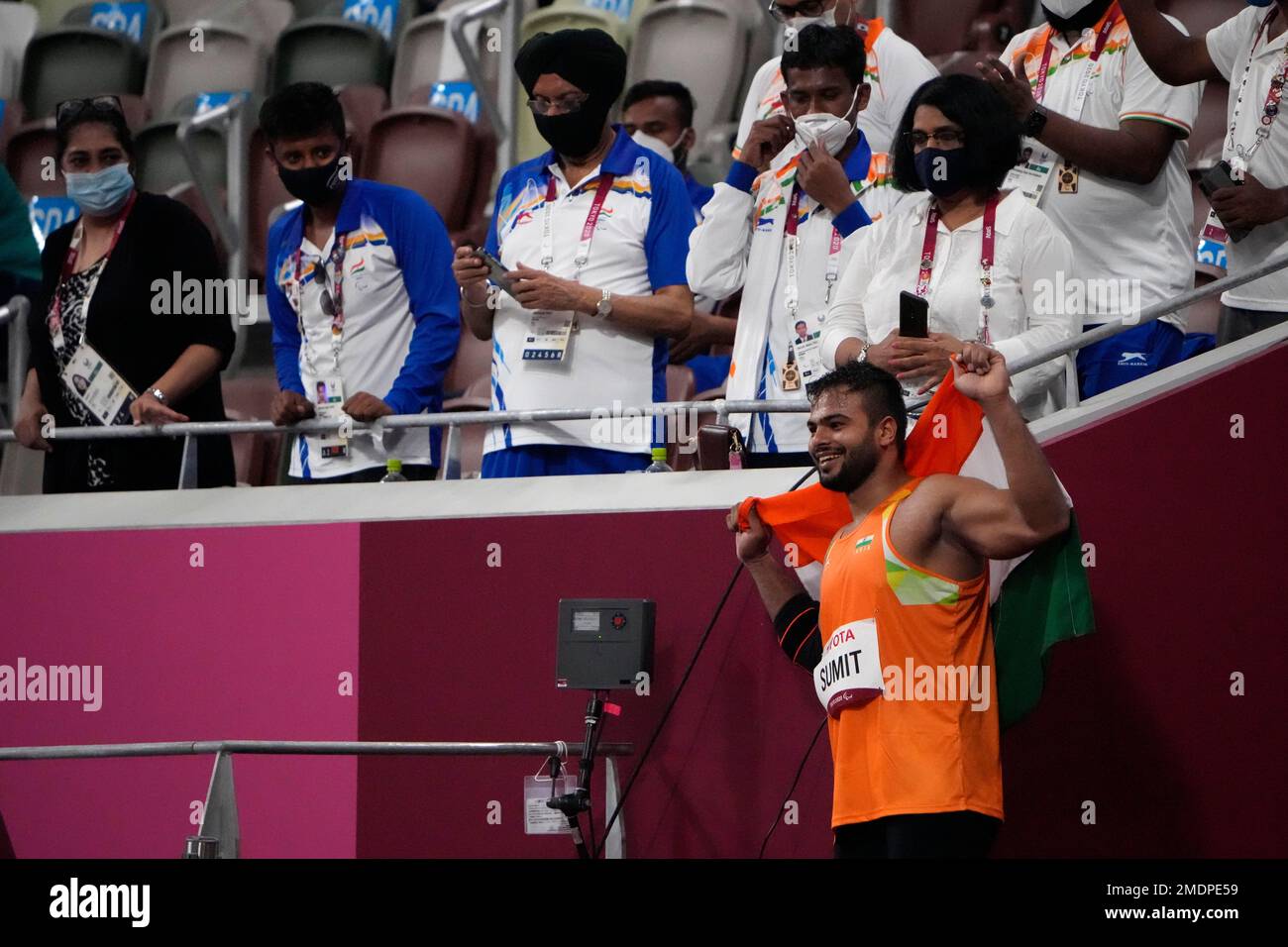 New world record holder Sumit Sumit of India celebrates after competing