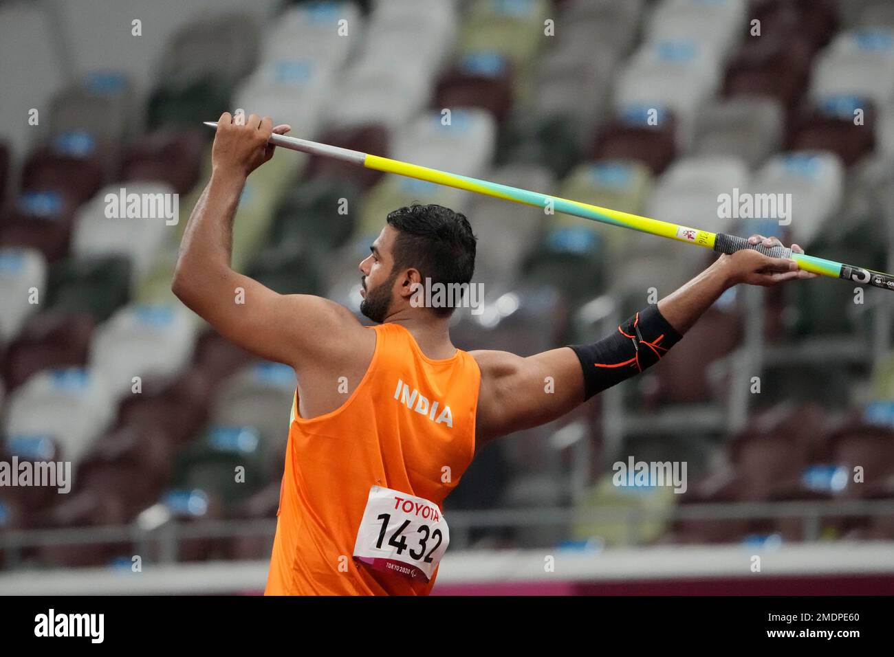 New world record holder Sumit Sumit of India competes in the men's javelin throw F64 final