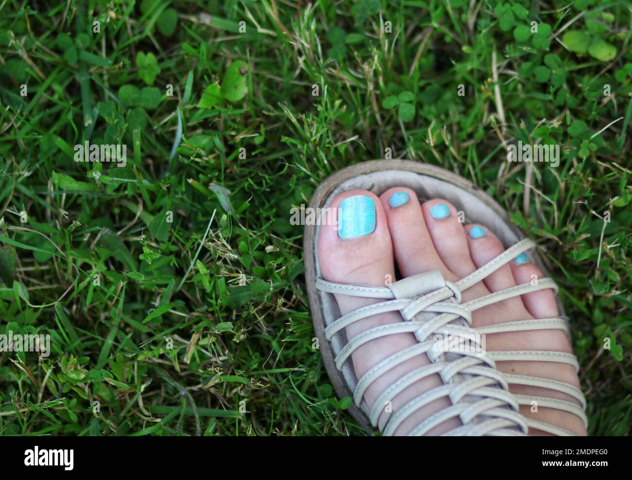 The woman feet standing on the green grass Stock Photo - Alamy