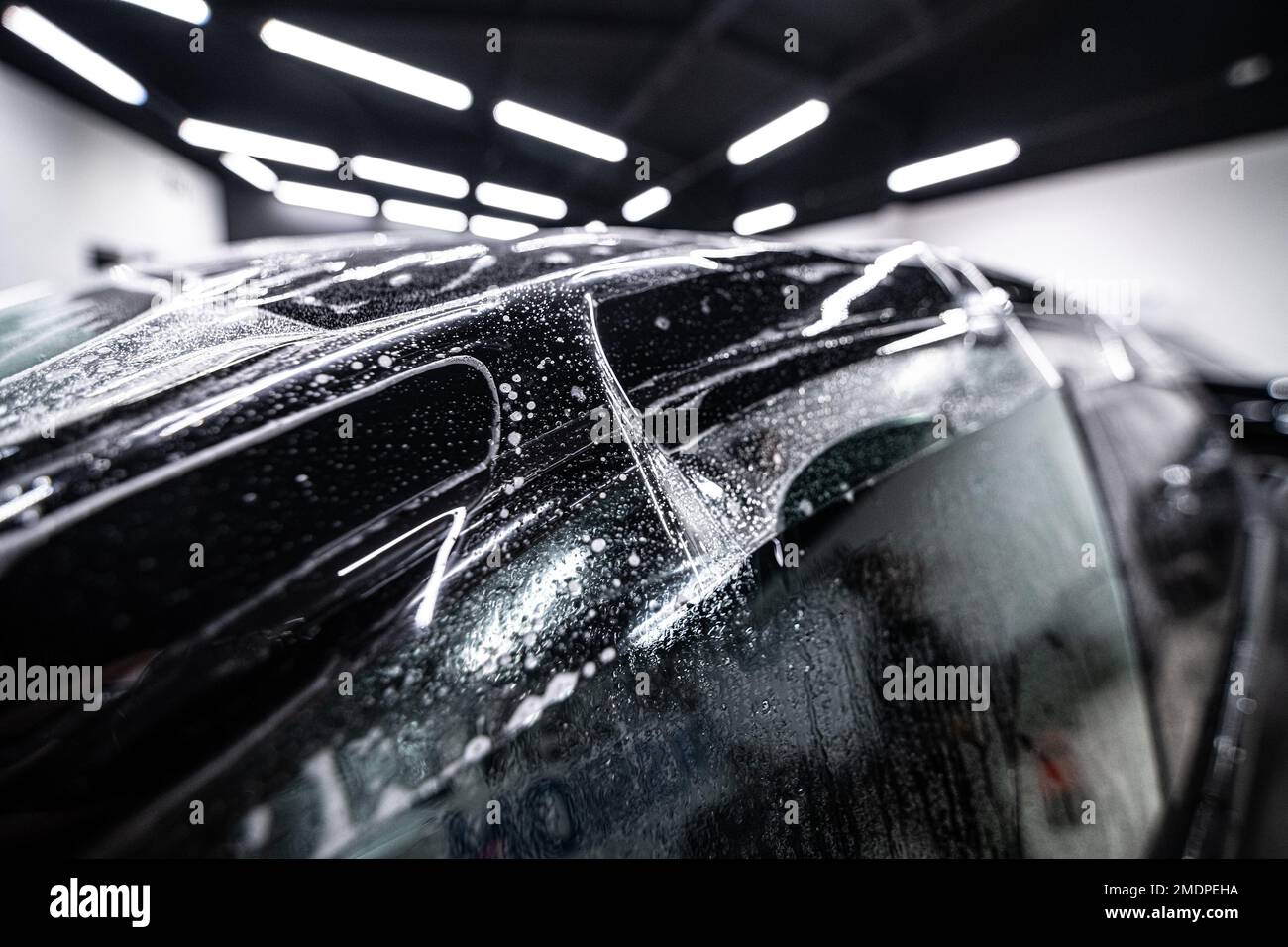 Colorless protective ppf film on the roof of a modern car. Stock Photo