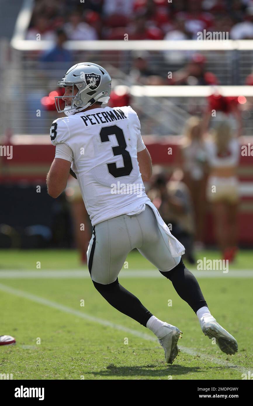 Las Vegas Raiders quarterback Nathan Peterman (3) before an NFL football  game against the Miami Dolphins, Sunday, Sept. 26, 2021, in Las Vegas. (AP  Photo/Rick Scuteri Stock Photo - Alamy