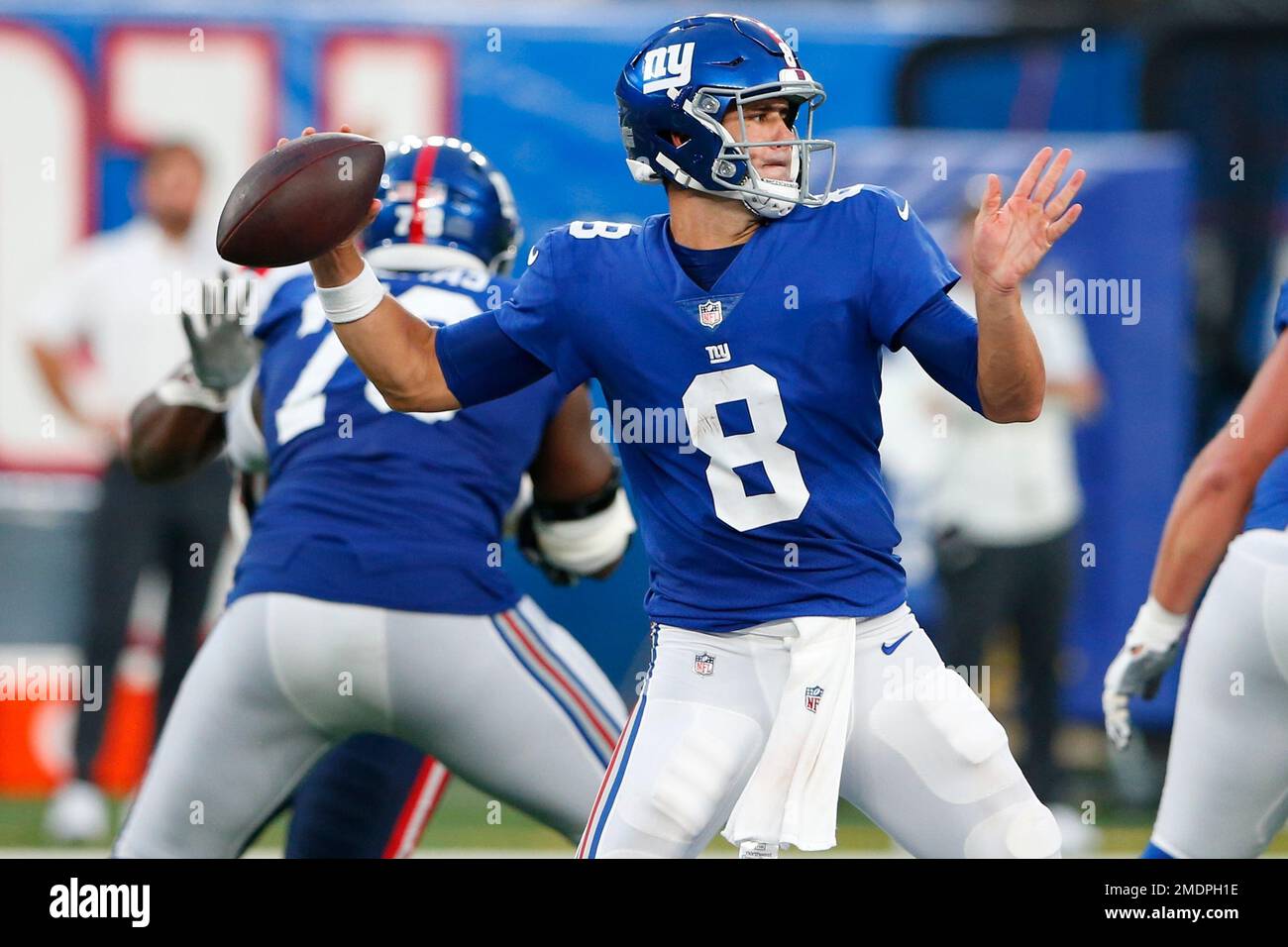 New York Giants quarterback Daniel Jones (8) throws a pass during the first half of an NFL preseason football game against the New England Patriots Sunday, Aug