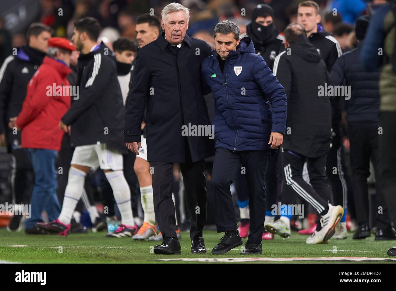Athletic Club head coach Ernesto Valverde and Real Madrid CF head coach Carlo Ancelotti during the La Liga match between Athletic Club and Real Madrid played at San Mames Stadium on January 22, 2023 in Bilbao, Spain. (Photo by Cesar Ortiz / PRESSIN) Stock Photo