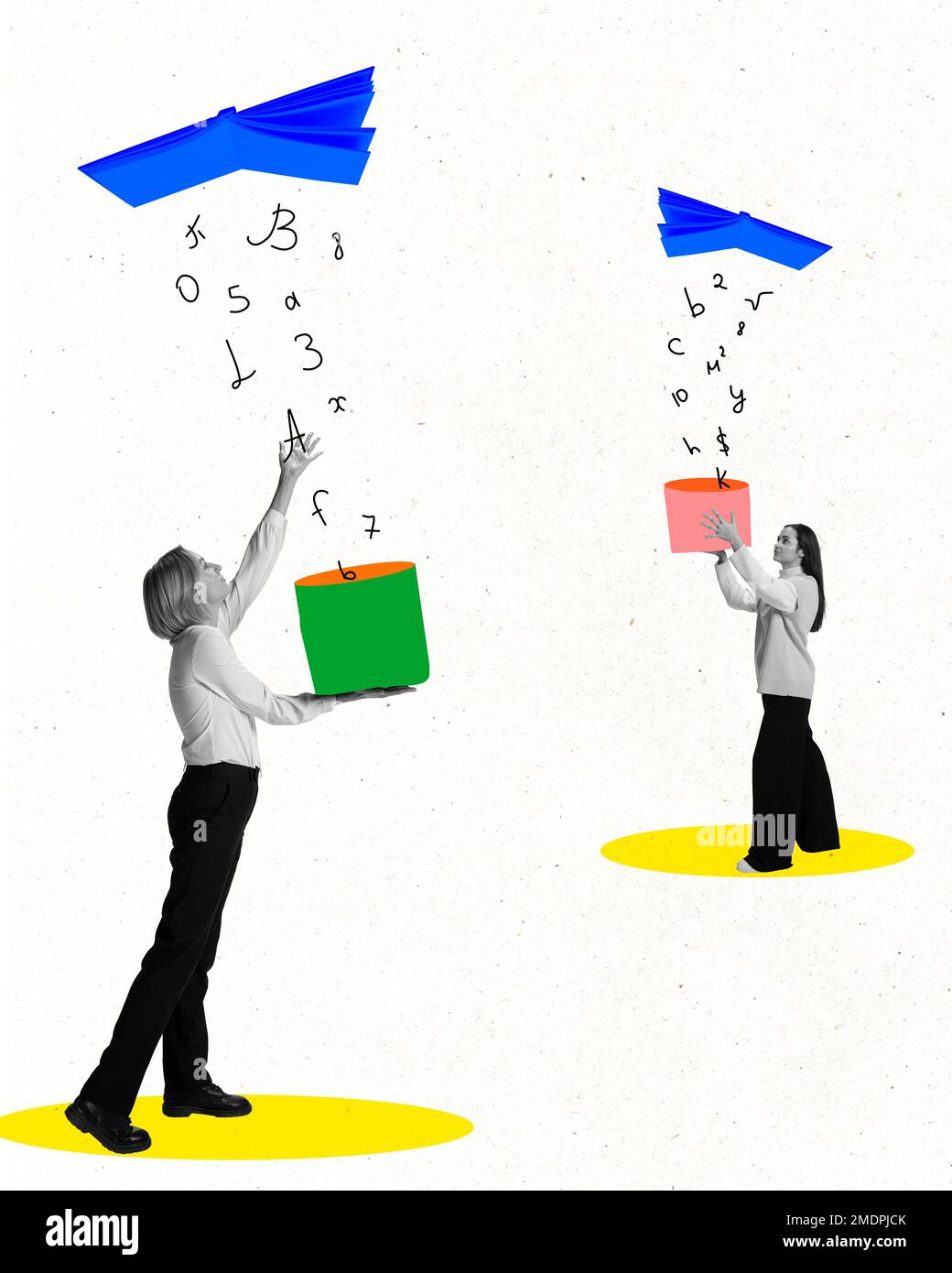 Two girls collect falling down letters. Contemporary art collage