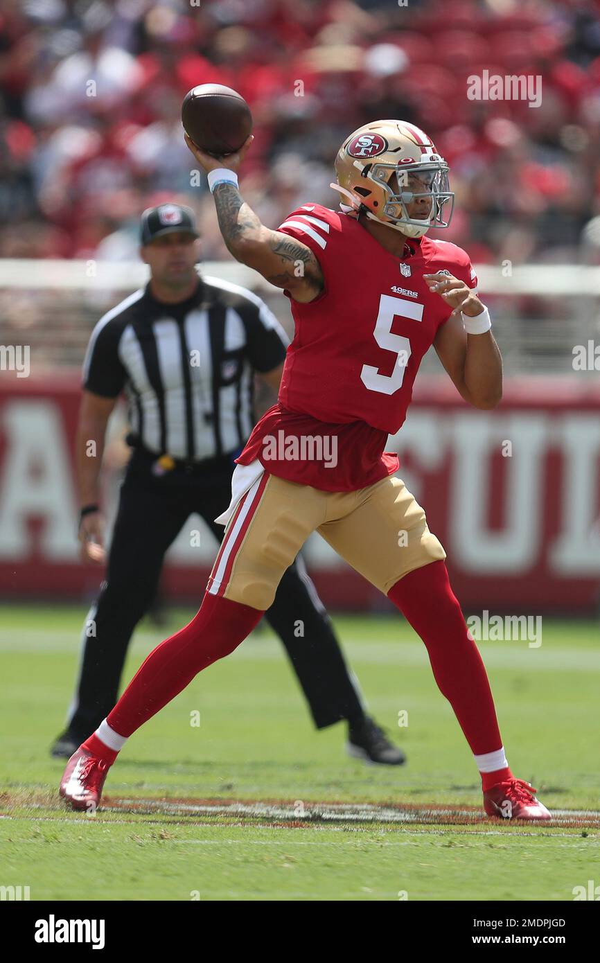 San Francisco 49ers quarterback Trey Lance (5) drops backs to pass against  the Las Vegas Raiders during the first half of an NFL preseason football  game, Sunday, Aug. 13, 2023, in Las