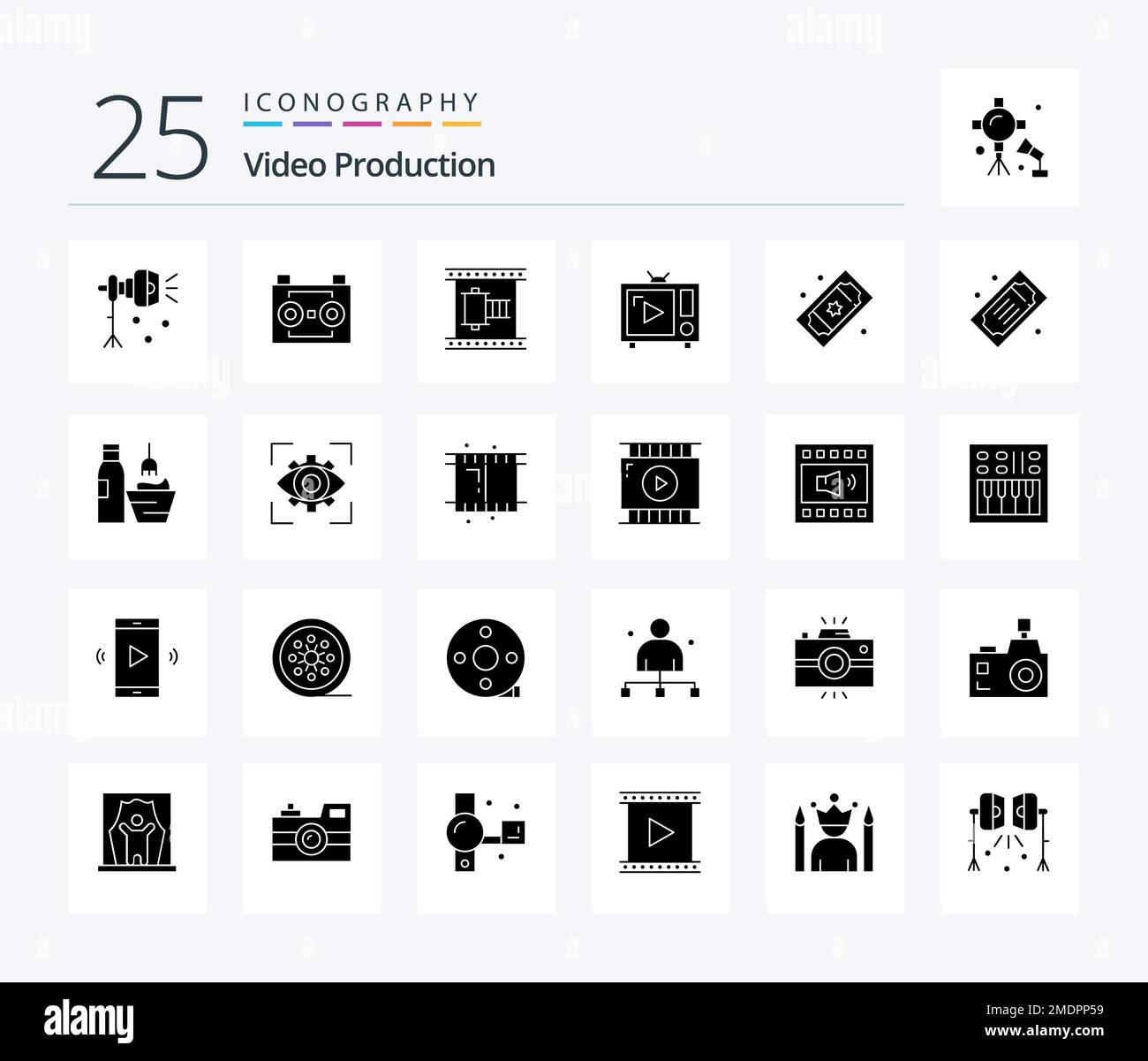 Video Production 25 Solid Glyph icon pack including tv. antenna tv. digital recording. movie strip. filmstrip Stock Vector