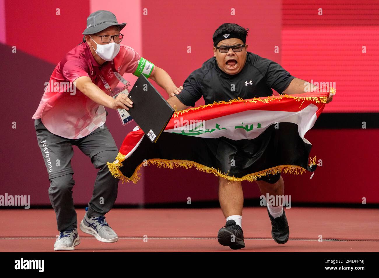 Iraq's Garrah Tnaiash reacts after a throw in the men's F40 shot put