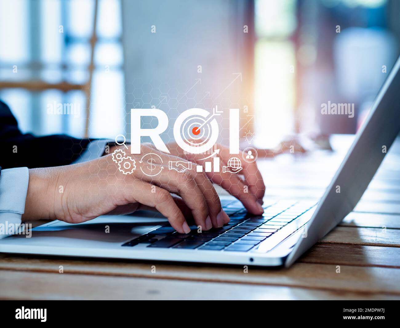 Return on investment - ROI concepts. ROI, text with business strategy icons and business person working with laptop computer. Investment online, finan Stock Photo