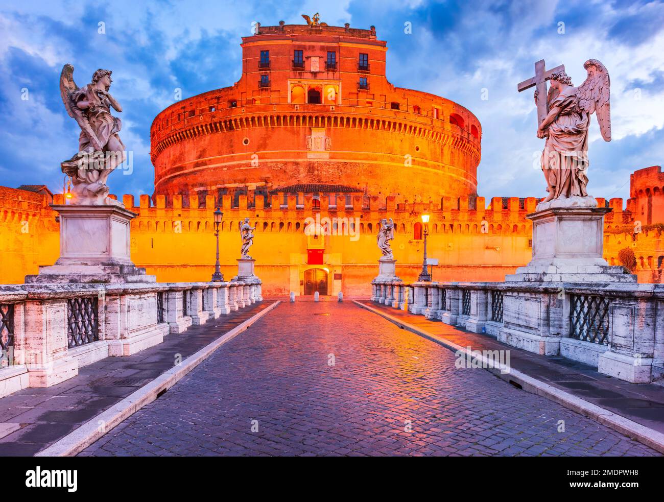 Rome, Italy. Famous ancient Castle Sant Angelo, Roman Empire heritage historical site, built by Hadrian Emperor. Stock Photo