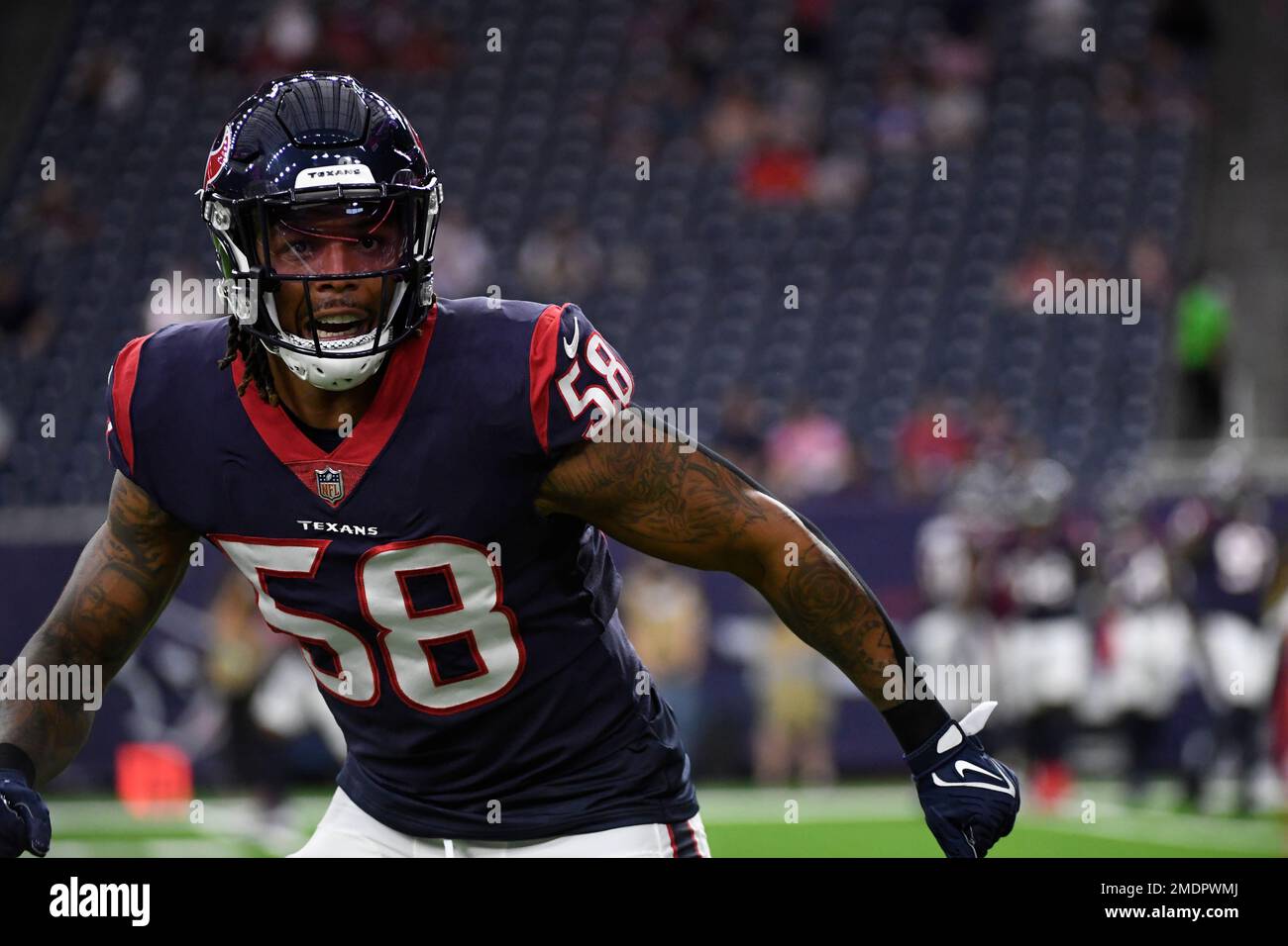 Houston, TX, USA. 12th Sep, 2021. Houston Texans outside linebacker  Christian Kirksey (58) leaves the field after an NFL football game between  the Jacksonville Jaguars and the Houston Texans at NRG Stadium