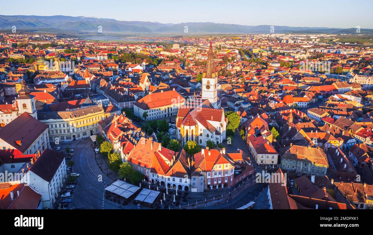 Sibiu Romania Aerial View Sunrise With Saxon Oldtown Cathedral And 