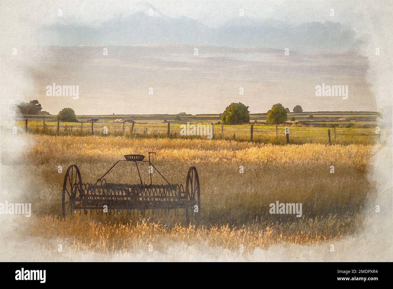A digital watercolor rural landscape painting of an antique hay rake in ...