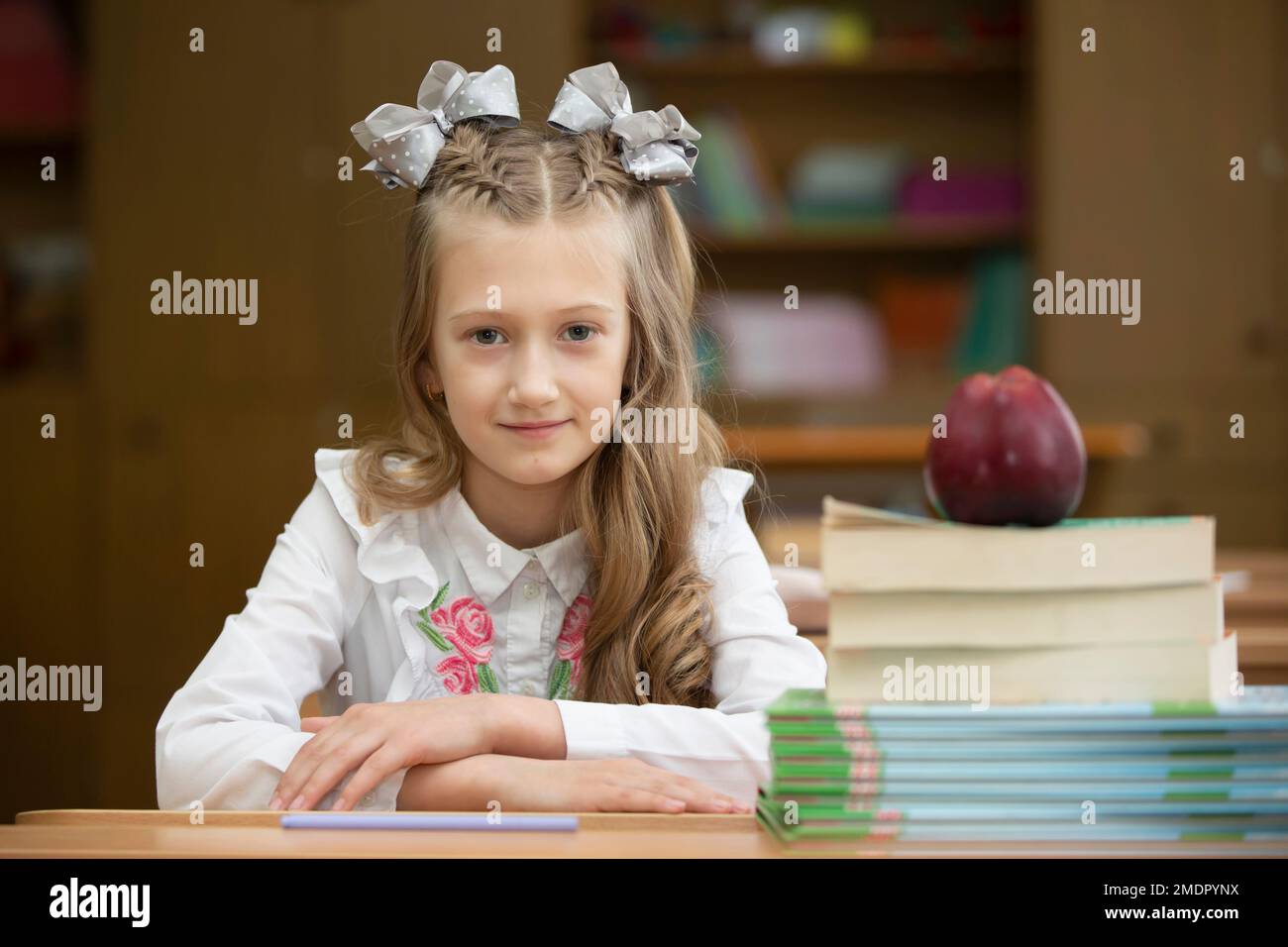 Beautiful schoolgirl with bows at her desk. Girl in the classroom with ...