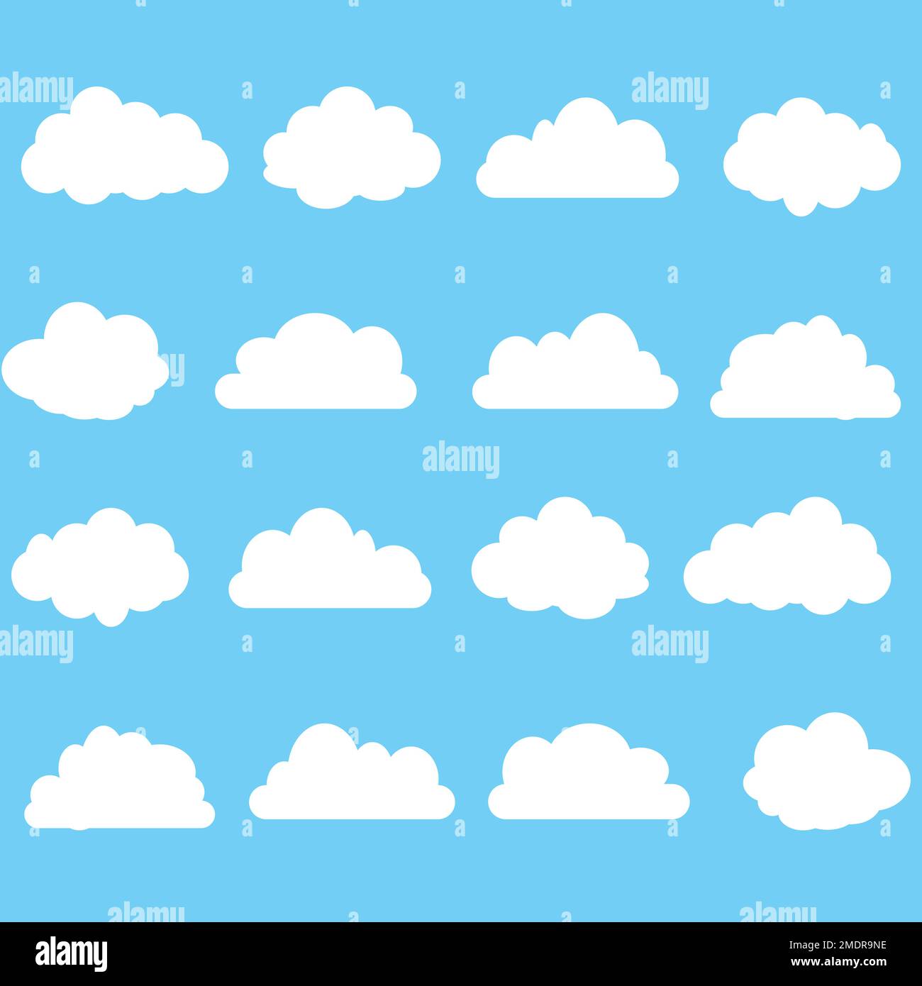 Set of Different shape cartoon white clouds on blue background. Vector decoration element Stock Vector